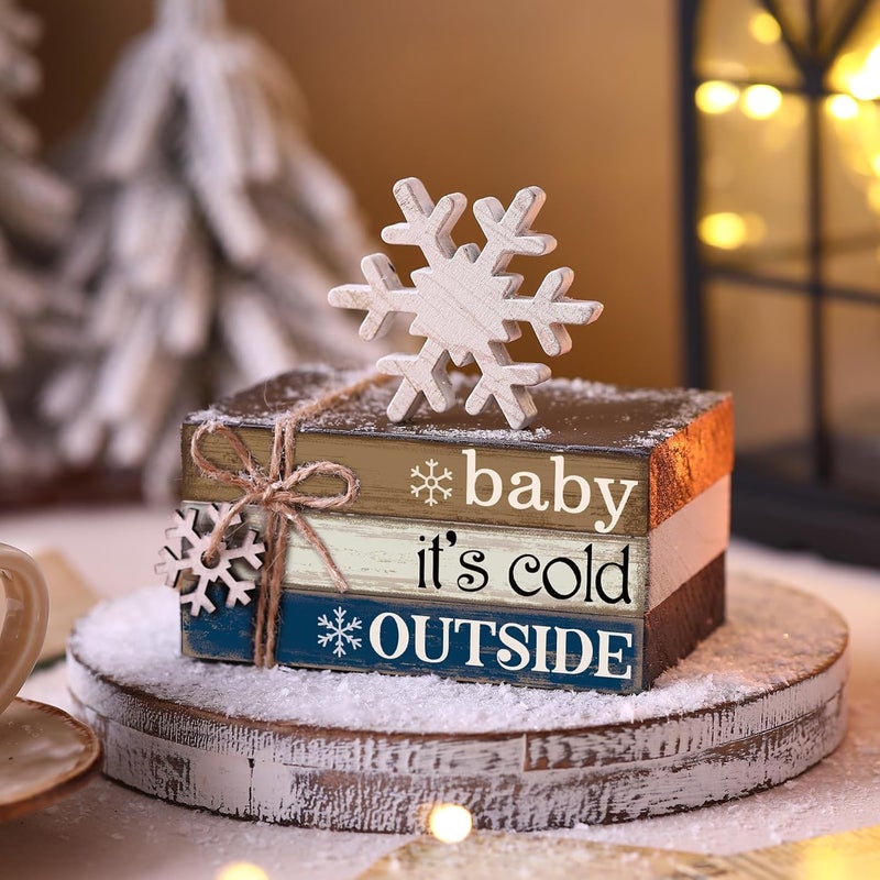 Anglechic 4 Pcs Winter Home Decor Winter Table Decorations Christmas Tiered Tray Decor Centerpiece Decorations Indoor Rustic Wooden Snowflake Block Sign Gift Farmhouse for Kitchen Shelf - Image 3
